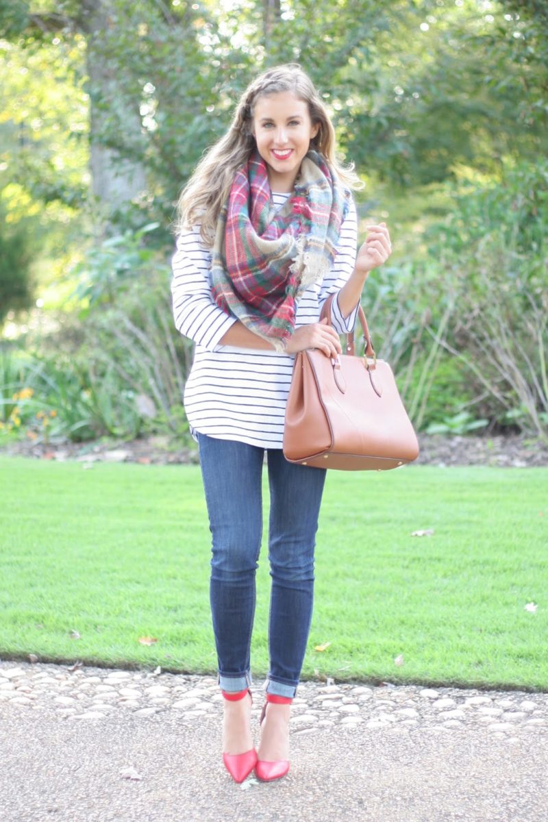 Layering Prints: Stripes & A Plaid Blanket Scarf